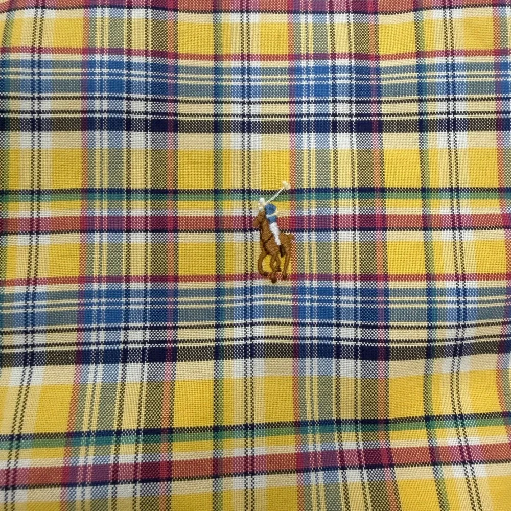 Ralph Lauren Button Down Shirt‎ Mens Large Yellow Blue Plaid Classic Fit Cotton